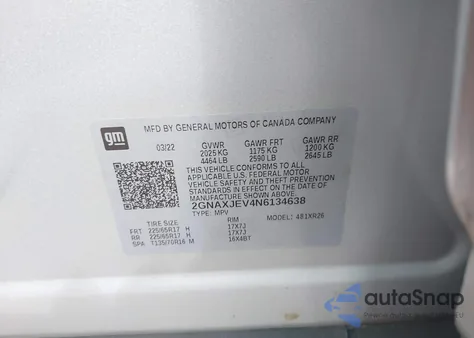 2022 Chevrolet Equinox Fwd 2Fl z USA, uszkodzony, nr VIN 2GNAXJEV4N6134638